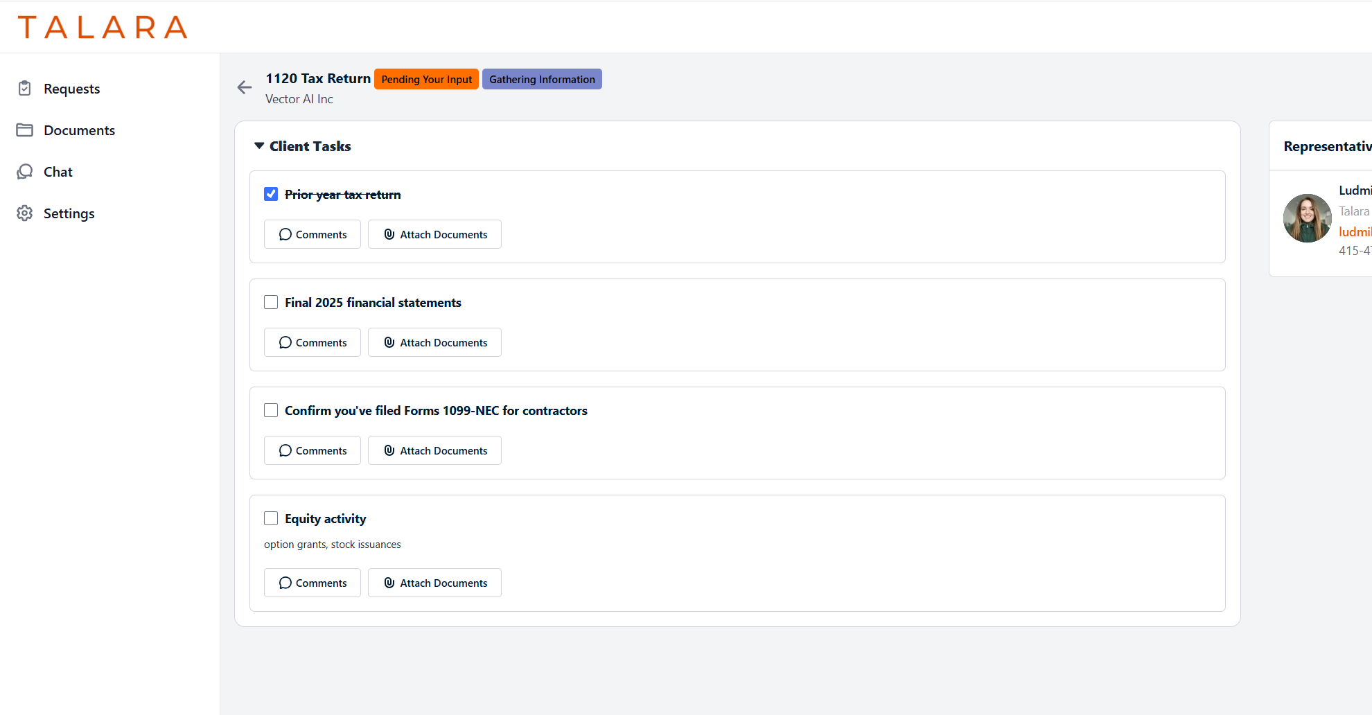Talara client portal — a tax return request with a checklist of client tasks and clear statuses.